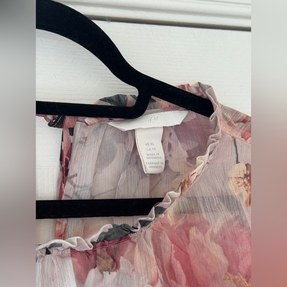 H&M Sheer Floral Blouse | Romantic Boho Ruffle Sleeve Top XL - Picture 2 of 7